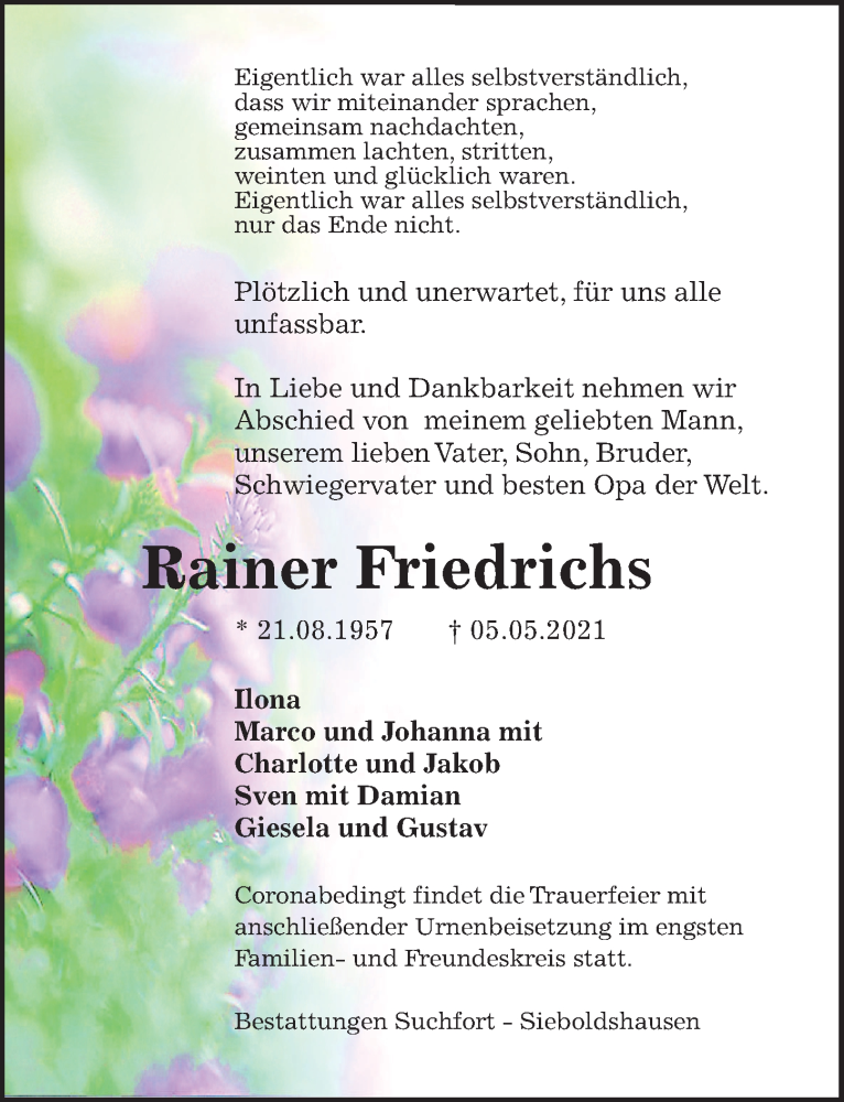  Traueranzeige für Rainer Friedrichs vom 15.05.2021 aus Göttinger Tageblatt