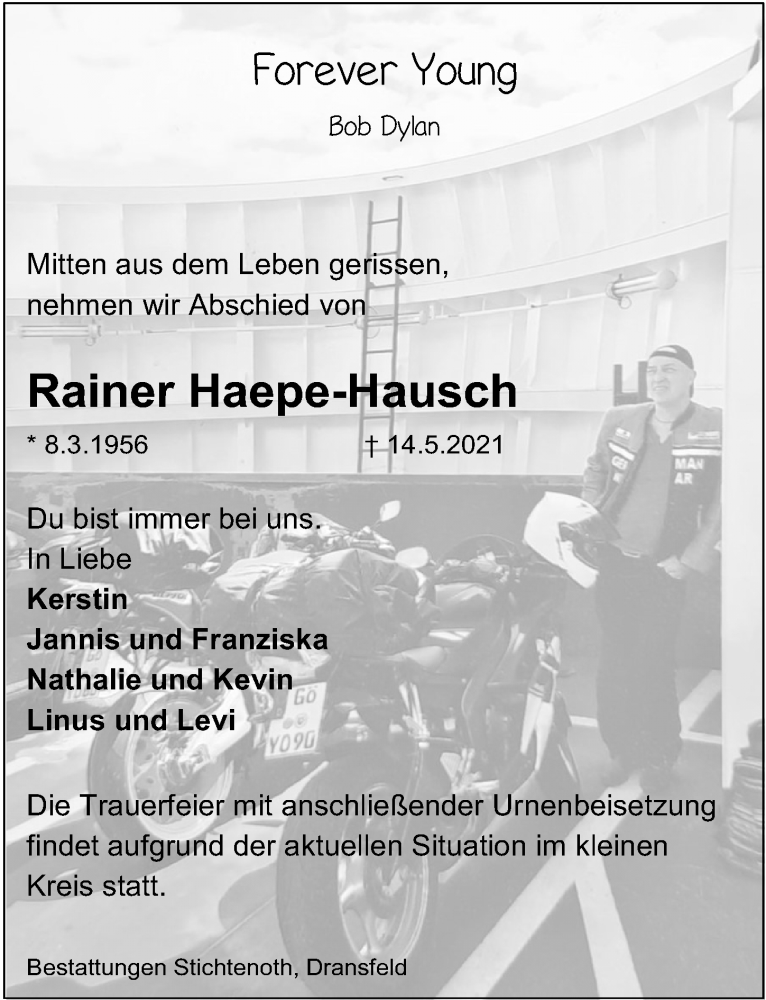  Traueranzeige für Rainer Haepe-Hausch vom 22.05.2021 aus Göttinger Tageblatt