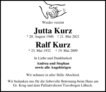 Traueranzeige von Ralf Kurz von Lübecker Nachrichten