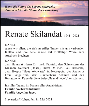 Traueranzeige von Renate Skilandat von Märkischen Allgemeine Zeitung