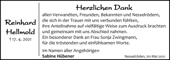 Traueranzeige von Rheinhard Hellmold von Eichsfelder Tageblatt