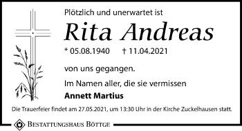 Traueranzeige von Rita Andreas von Leipziger Volkszeitung