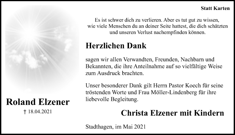  Traueranzeige für Roland Elzener vom 22.05.2021 aus Schaumburger Nachrichten
