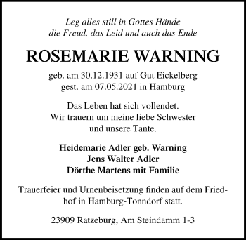 Traueranzeige von Rosemarie Warning von Lübecker Nachrichten