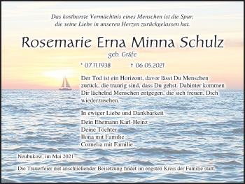 Traueranzeige von Rosemarie Erna Minna Schulz von Ostsee-Zeitung GmbH