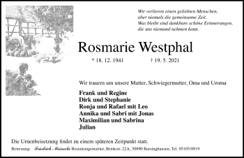 Traueranzeige von Rosmarie Westphal von Hannoversche Allgemeine Zeitung/Neue Presse