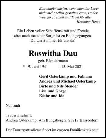 Traueranzeige von Roswitha Dau von Lübecker Nachrichten