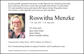 Traueranzeige von Roswitha Menzke von Aller Zeitung