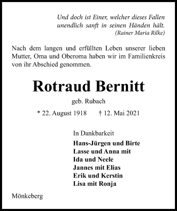 Traueranzeige von Rotraud Bernitt von Kieler Nachrichten