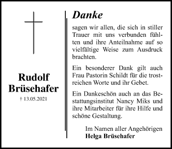 Traueranzeige von Rudolf Brüsehafer von Ostsee-Zeitung GmbH