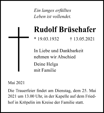 Traueranzeige von Rudolf Brüsehofer von Ostsee-Zeitung GmbH