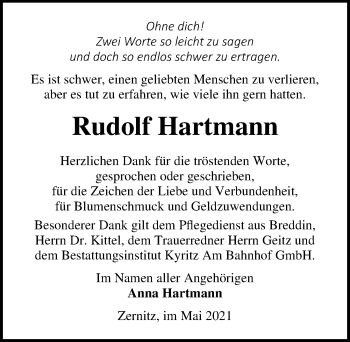 Traueranzeige von Rudolf Hartmann von Märkischen Allgemeine Zeitung