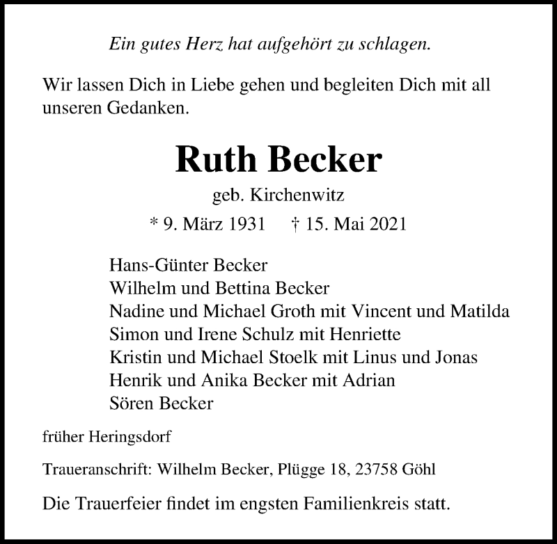  Traueranzeige für Ruth Becker vom 21.05.2021 aus Lübecker Nachrichten