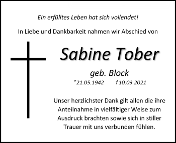 Traueranzeige von Sabine Tober von Ostsee-Zeitung GmbH