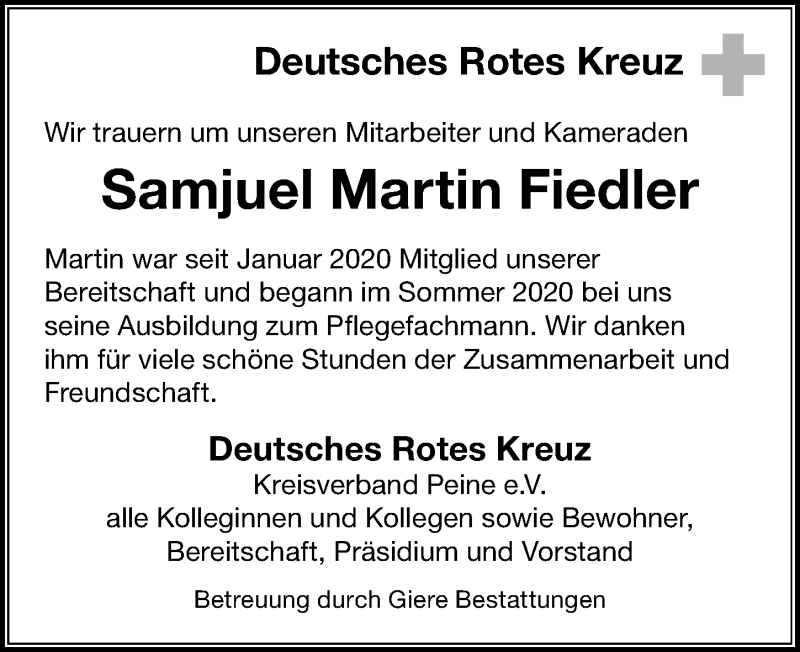  Traueranzeige für Samjuel Martin Fiedler vom 15.05.2021 aus Peiner Allgemeine Zeitung