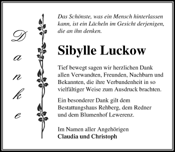 Traueranzeige von Sibylle Luckow von Ostsee-Zeitung GmbH