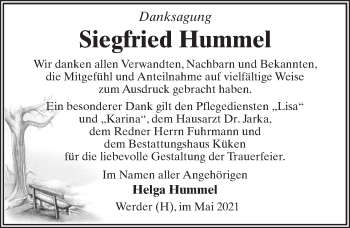 Traueranzeige von Siegfried Hummel von Märkischen Allgemeine Zeitung
