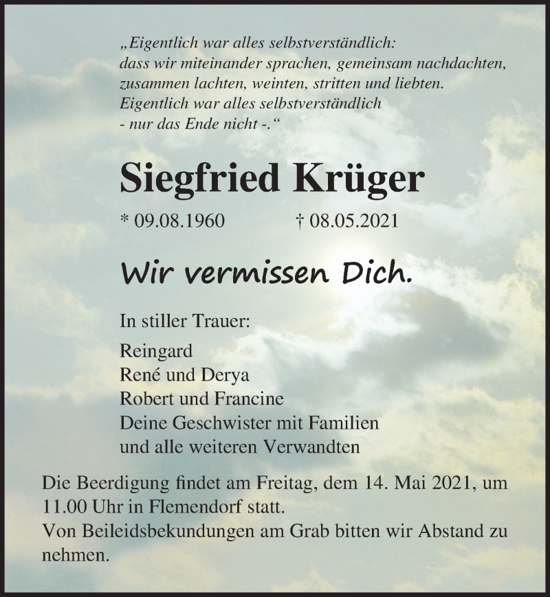  Traueranzeige für Siegfried Krüger vom 11.05.2021 aus Ostsee-Zeitung GmbH