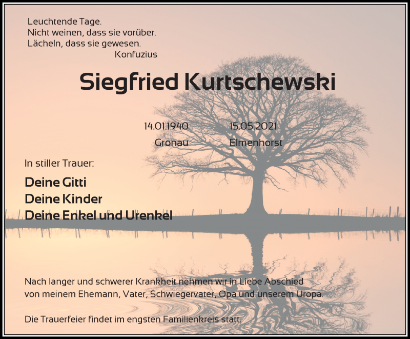  Traueranzeige für Siegfried Kurtschewshi vom 22.05.2021 aus Ostsee-Zeitung GmbH