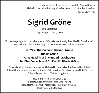 Traueranzeige von Sigrid Gröne von Hannoversche Allgemeine Zeitung/Neue Presse