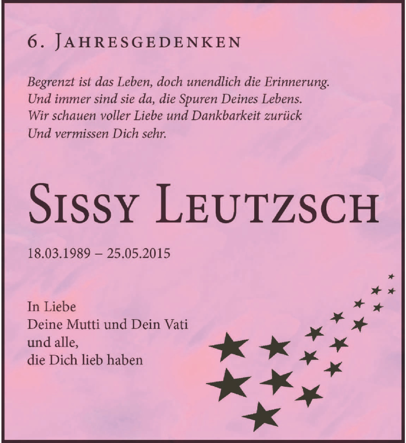  Traueranzeige für Sissy Leutzsch vom 25.05.2021 aus Leipziger Volkszeitung