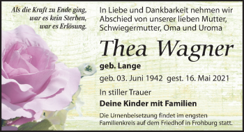 Traueranzeige von Thea Wagner von Leipziger Volkszeitung