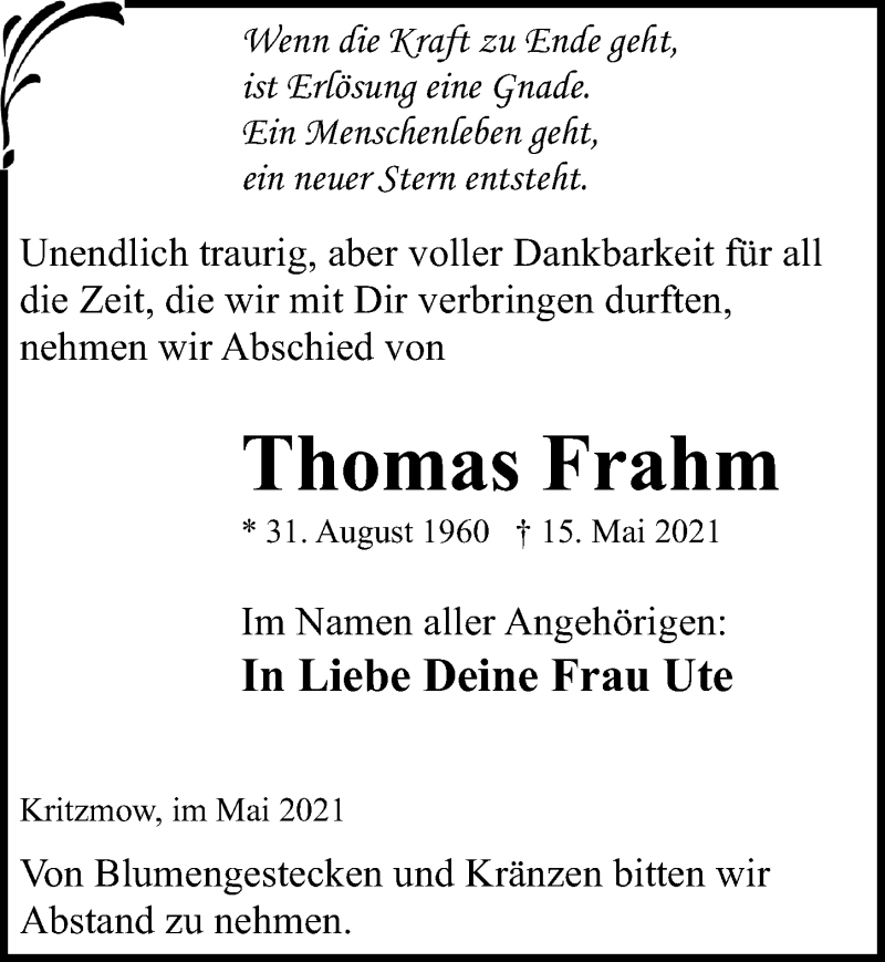  Traueranzeige für Thomas Frahm vom 29.05.2021 aus Ostsee-Zeitung GmbH