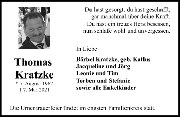 Traueranzeige von Thomas Kratzke von Lübecker Nachrichten