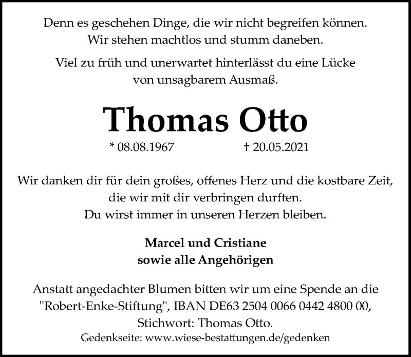  Traueranzeige für Thomas Otto vom 29.05.2021 aus Hannoversche Allgemeine Zeitung/Neue Presse