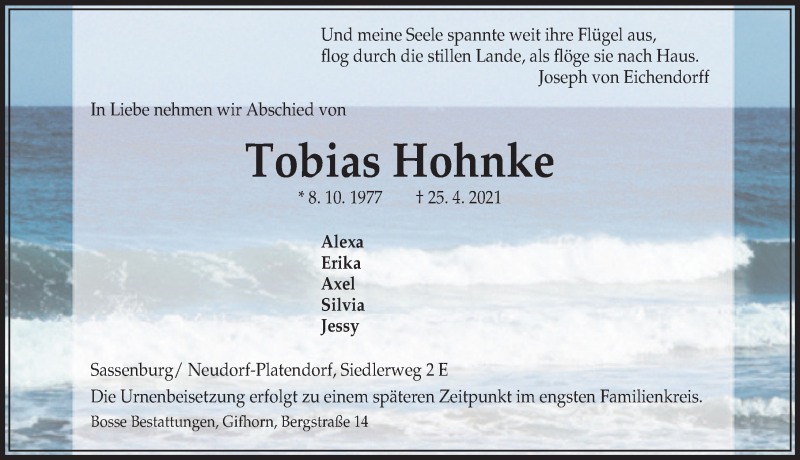  Traueranzeige für Tobias Hohnke vom 18.05.2021 aus Aller Zeitung