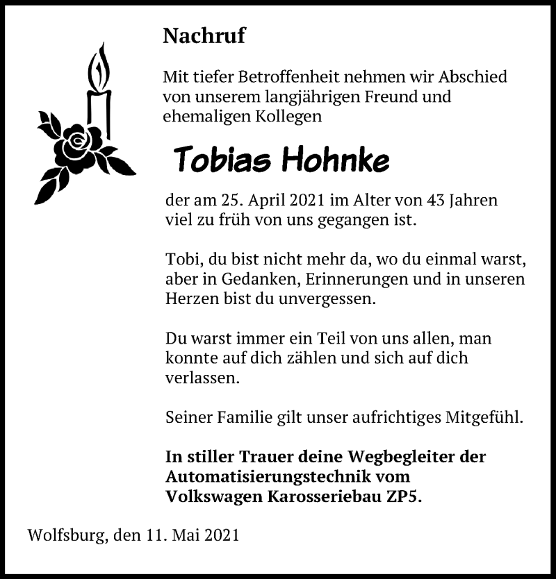 Traueranzeige für Tobias Hohnke vom 15.05.2021 aus Aller Zeitung