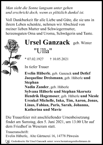 Traueranzeige von Ursel Ganzack von Märkischen Allgemeine Zeitung