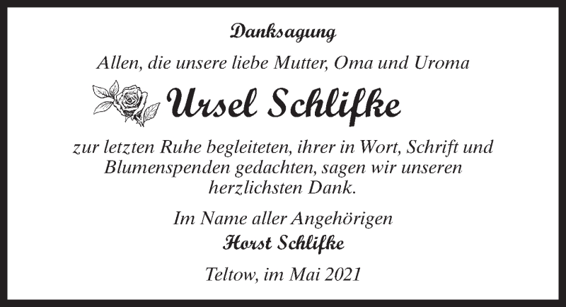  Traueranzeige für Ursel Schlifke vom 22.05.2021 aus Märkischen Allgemeine Zeitung