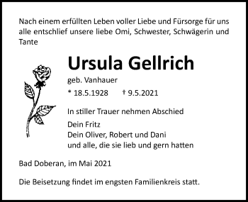 Traueranzeige von Ursula Gellrich von Ostsee-Zeitung GmbH
