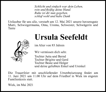 Traueranzeige von Ursula Seefeldt von Ostsee-Zeitung GmbH