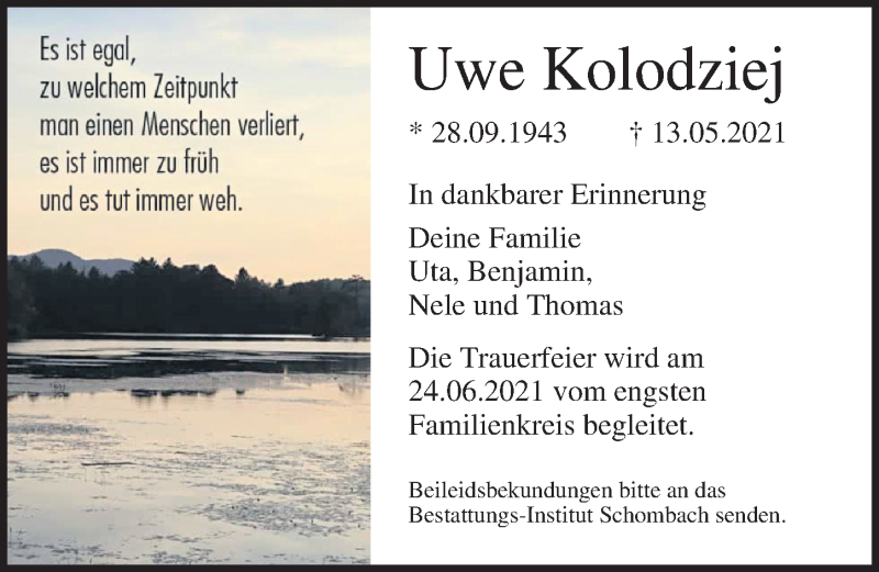  Traueranzeige für Uwe Kolodziej vom 22.05.2021 aus Ostsee-Zeitung GmbH