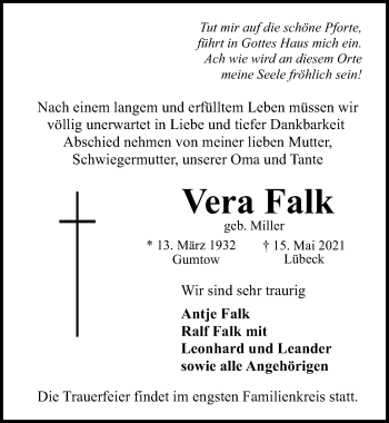 Traueranzeige von Vera Falk von Lübecker Nachrichten