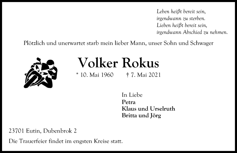  Traueranzeige für Volker Rokus vom 22.05.2021 aus Lübecker Nachrichten