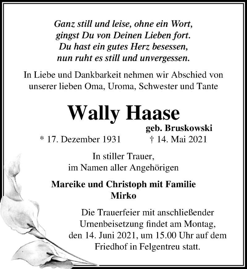  Traueranzeige für Wally Haase vom 29.05.2021 aus Märkischen Allgemeine Zeitung