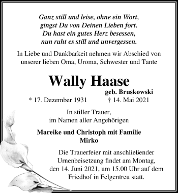 Traueranzeige von Wally Haase von Märkischen Allgemeine Zeitung