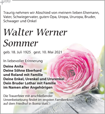 Traueranzeige von Walter Werner Sommer von Leipziger Volkszeitung