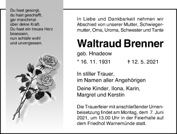 Traueranzeige von Waltraud Brenner von Ostsee-Zeitung GmbH