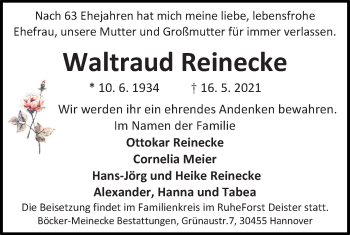 Traueranzeige von Waltraud Reinecke von Hannoversche Allgemeine Zeitung/Neue Presse