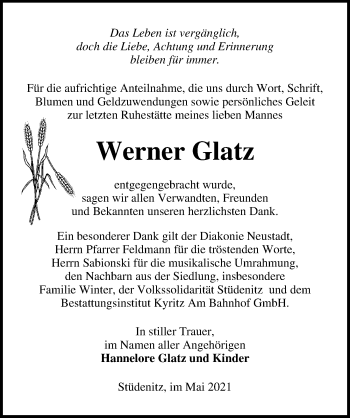 Traueranzeige von Werner Glatz von Märkischen Allgemeine Zeitung