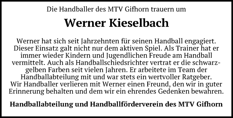  Traueranzeige für Werner Kieselbach vom 26.05.2021 aus Aller Zeitung