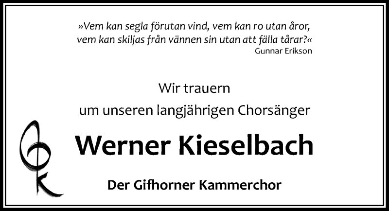  Traueranzeige für Werner Kieselbach vom 26.05.2021 aus Aller Zeitung