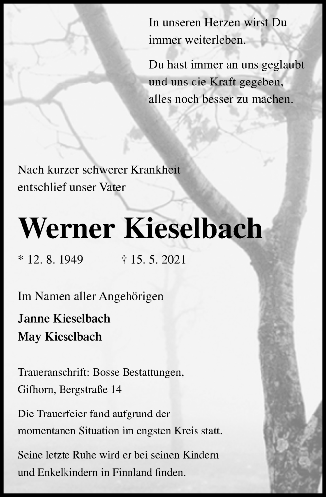  Traueranzeige für Werner Kieselbach vom 22.05.2021 aus Aller Zeitung
