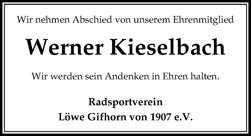  Traueranzeige für Werner Kieselbach vom 27.05.2021 aus Aller Zeitung