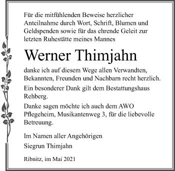 Traueranzeige von Werner  Thimjahn von Ostsee-Zeitung GmbH