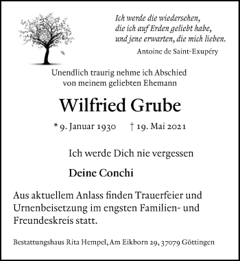 Traueranzeige von Wilfried Grube von Göttinger Tageblatt